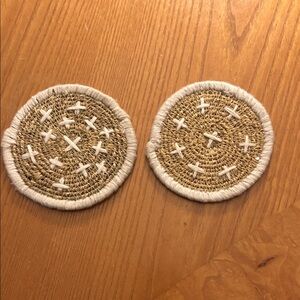Handwoven Round Straw Coasters with White Stitching - Set of 2